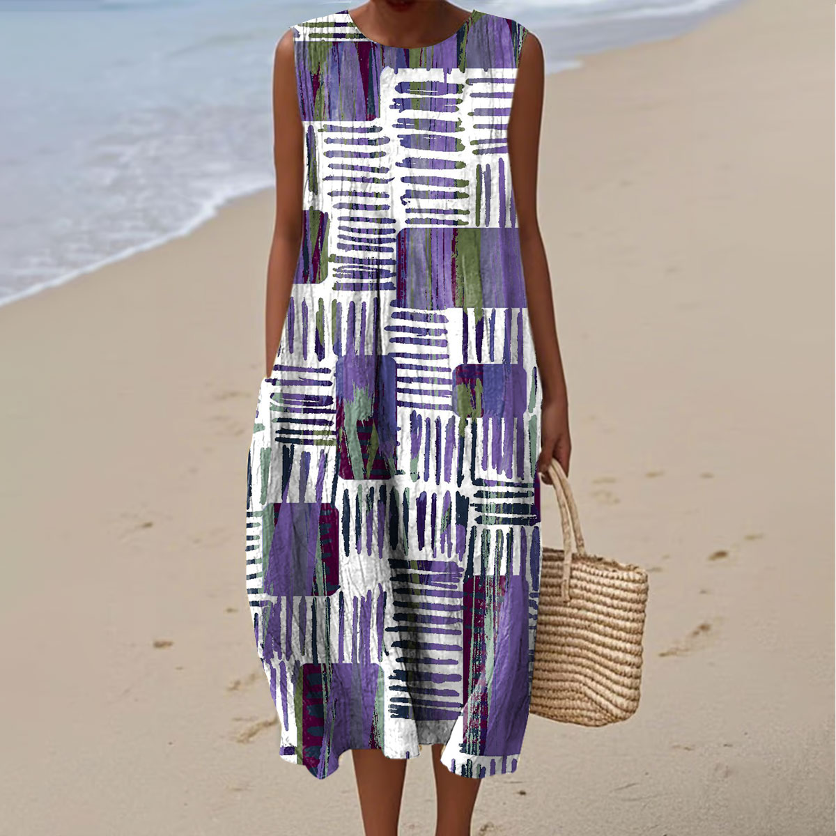 Women's Fashion Color Block Art Print Sleeveless Cotton Pocket Wrap Dress