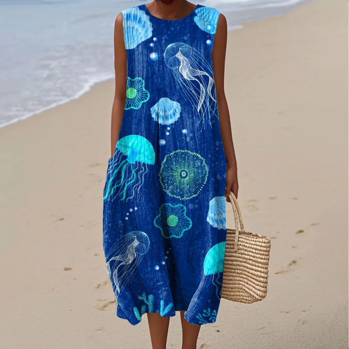 Women's Vintage Jellyfish Art Print Sleeveless Linen Pocket Wrap Dress