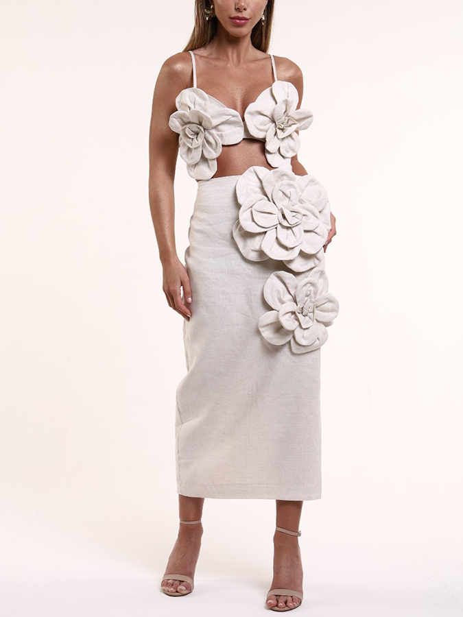 Beach Vacation Three-Dimensional Floral Solid Color Top And Skirt Suit