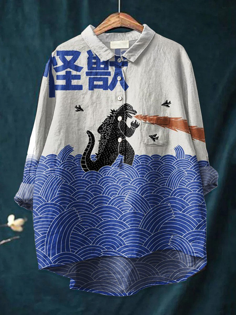 Women's Japanese  Art  Print Casual Cotton And Linen Shirt