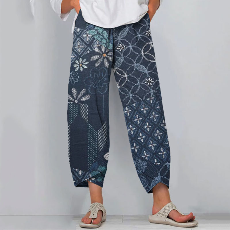 Vintage Japanese Indigo Blooming Traditional Sashiko Patchwork Art Cropped Casual Pants