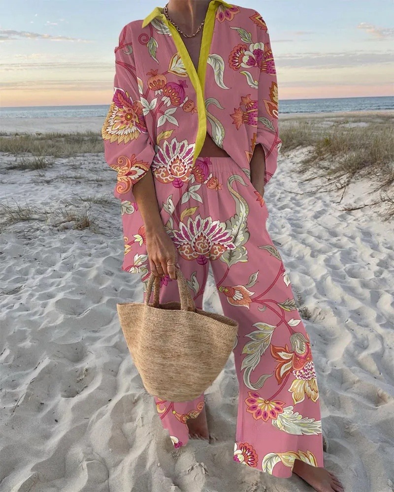 Fashion Flower Print Shirt & Pants Two-Piece Set