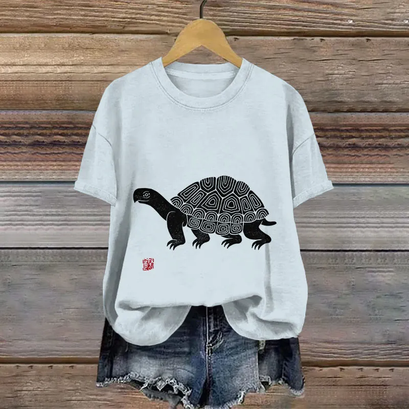 Cotton Simple Japanese Linocut Turtle Art Print T-shirt