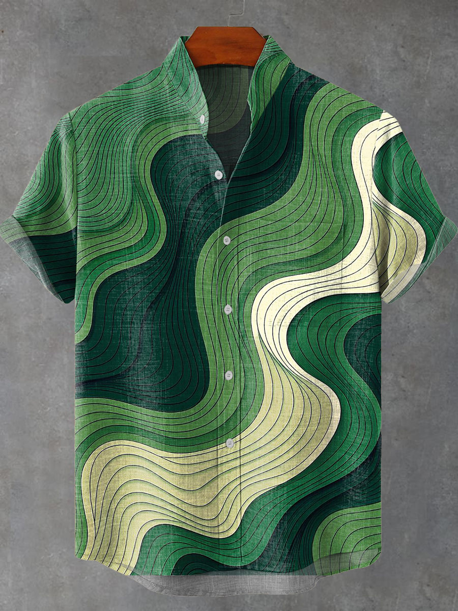 Green Geometric Abstract Gradation Stripes Vintage Print Casual Shirt