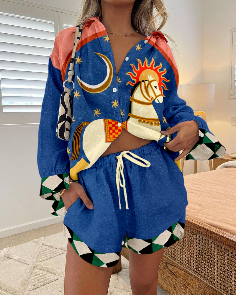 Late night white horse print two piece set