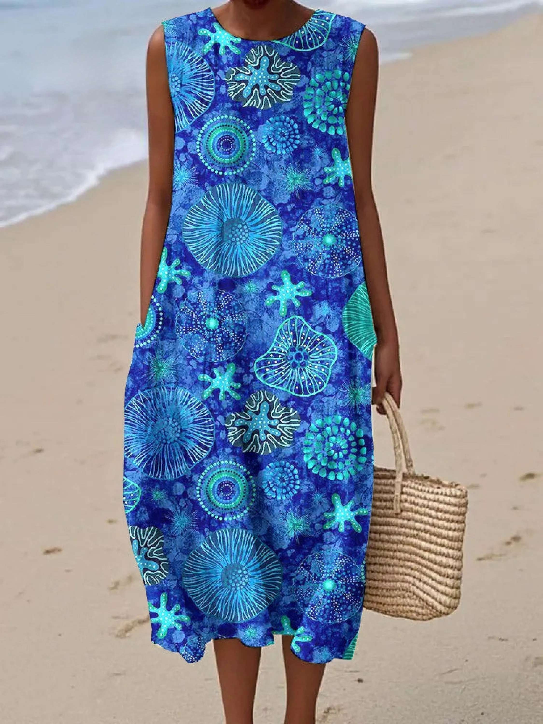 Women's Seaside Vacation Seaweed Pattern Sleeveless Cotton Pocket Wrap Dress