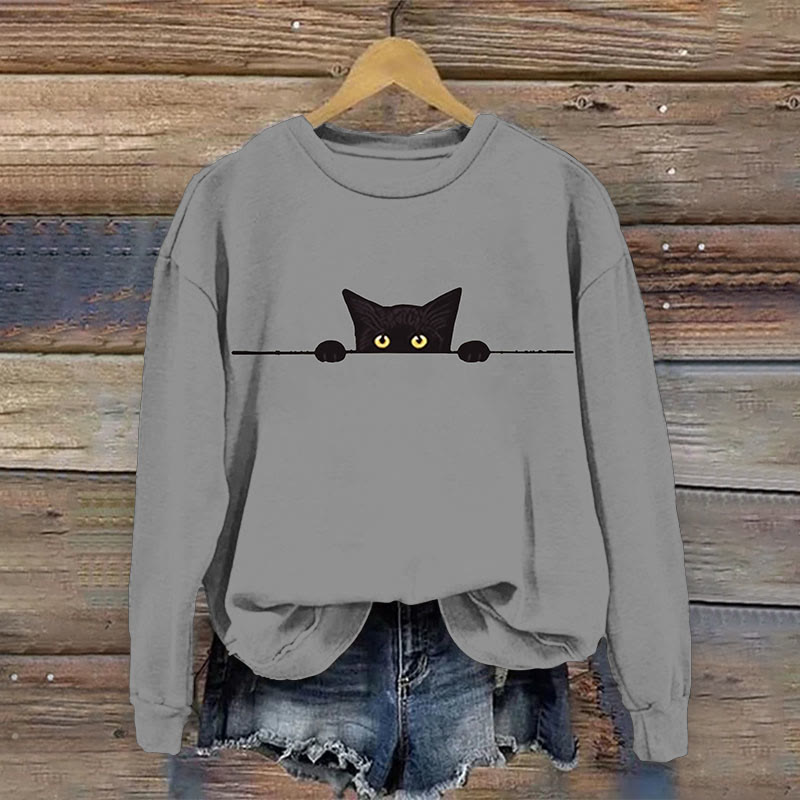 Women's Casual Black Cat Print Causal Sweatshirt
