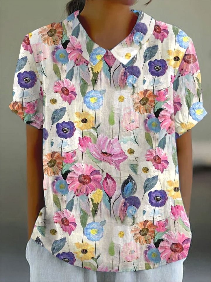 Women's Vintage Floral Art Print Casual 3/4 Sleeve Shirt