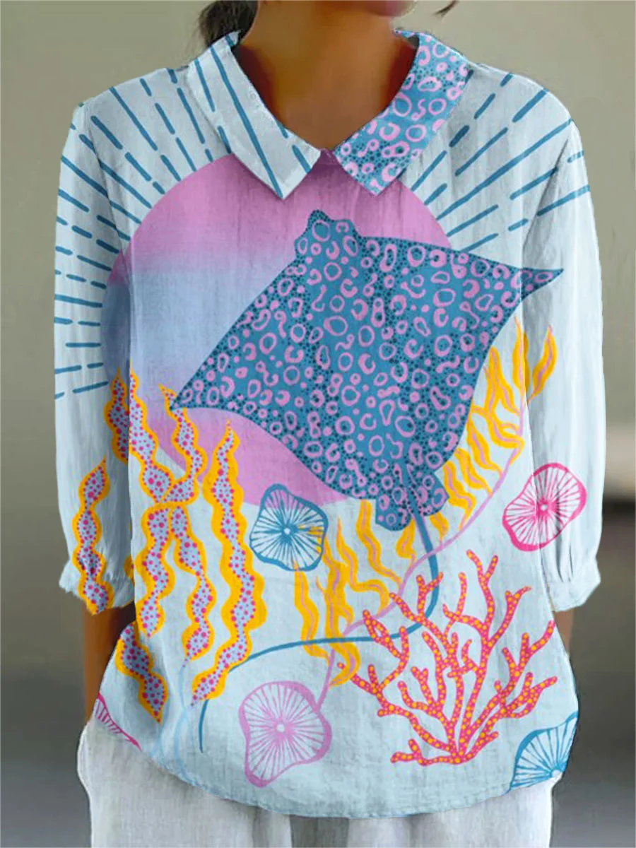 Women's Vintage Manta Rays Art Print Casual3/4 Sleeve Shirt