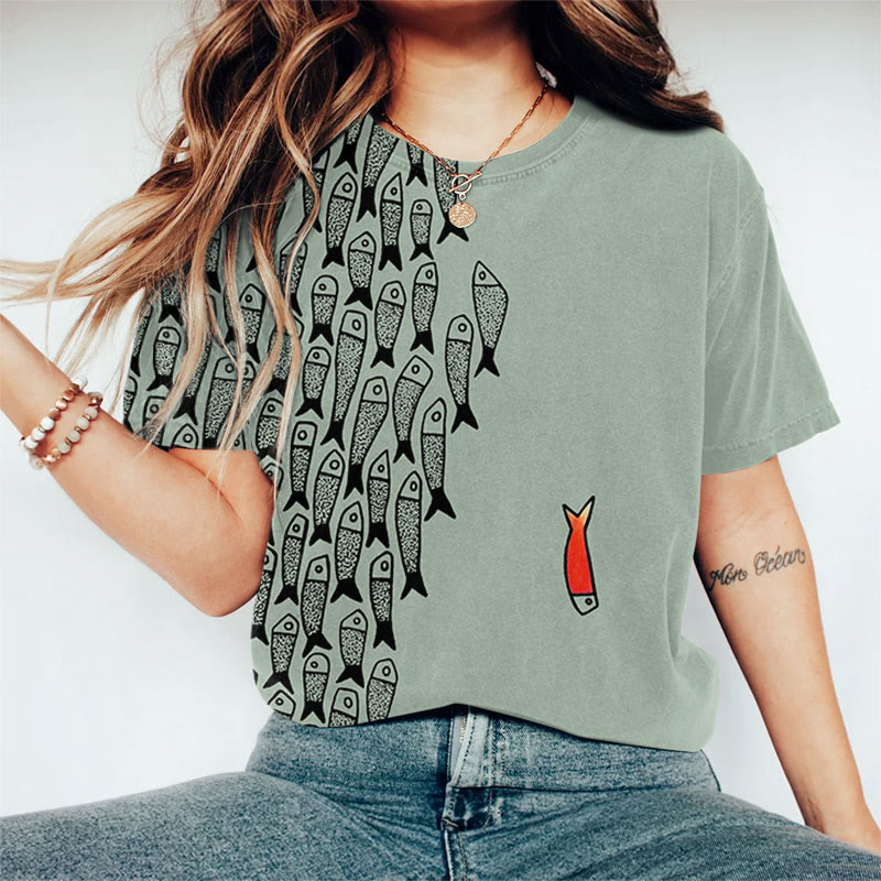 Cute Simple Lines Abstract Geometric Fish Art Print Casual T-shirt