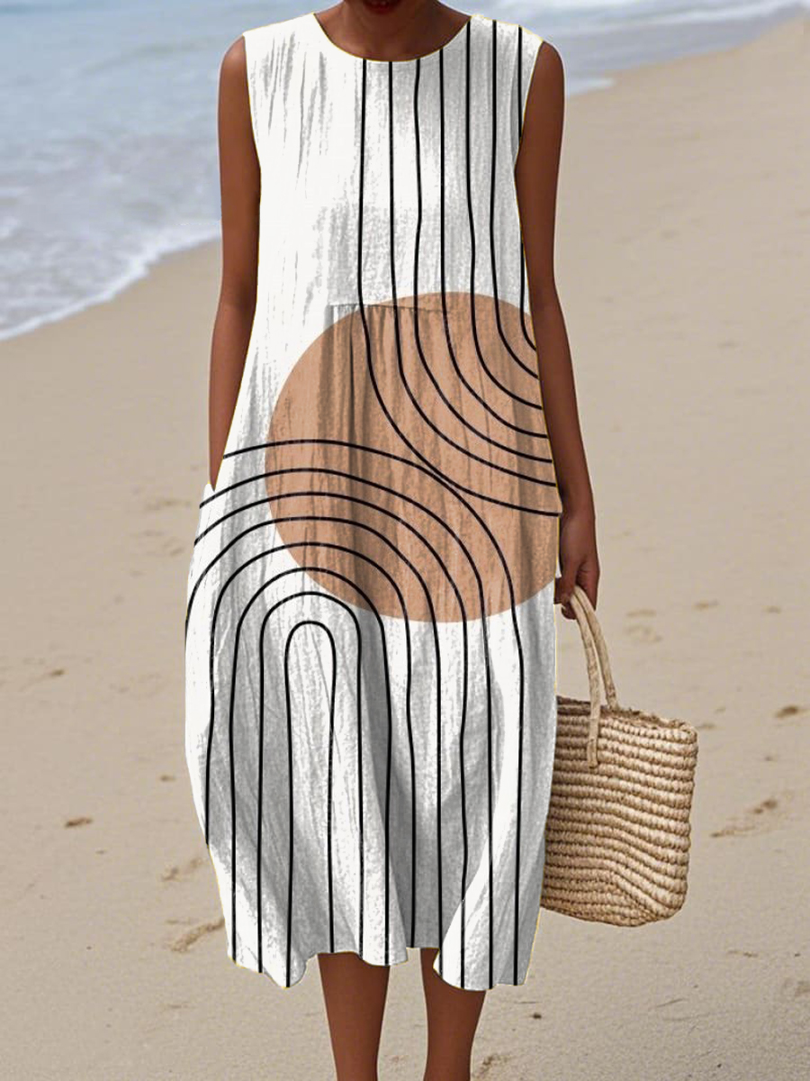 Women's Vintage Abstract Geometric Line Art Print Sleeveless Cotton Pocket Wrap Dress