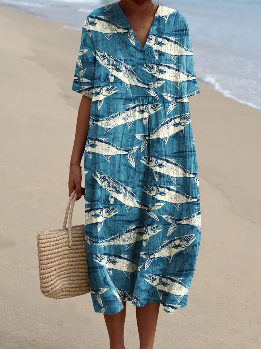 Women's Retro Sardines Watercolor Splash Fluid Art Print Flowy Dress