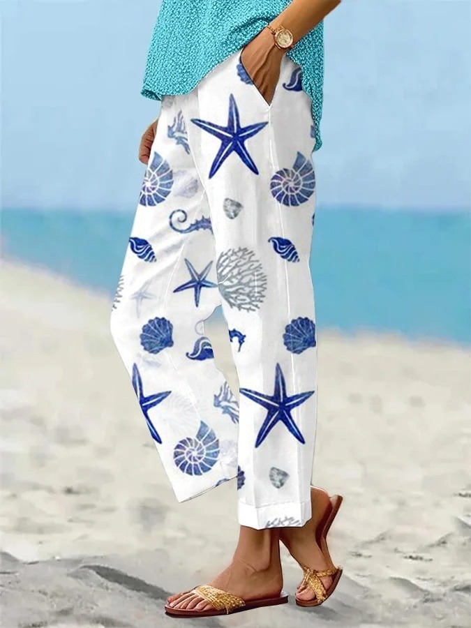 Women's Underwater World Starfish Pattern Loose Casual Pants (With Pockets)