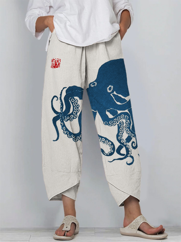 Octopus Japanese Lino Art Cropped Casual Pants