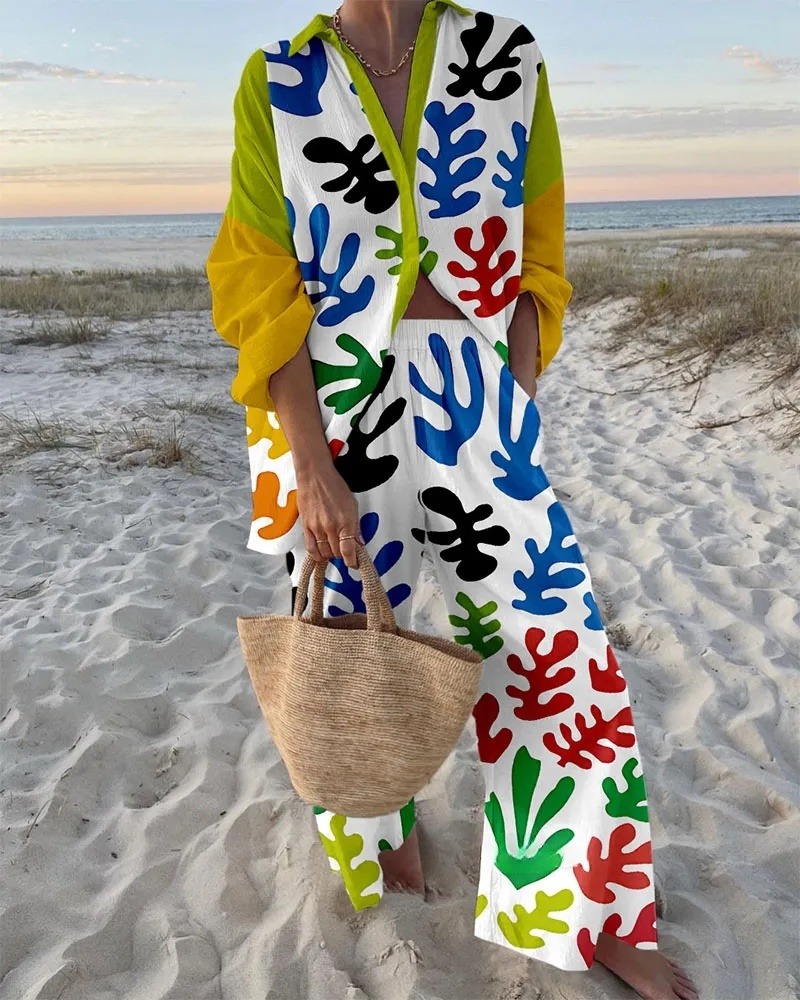 Fashion Pattern Print Shirt & Pants Two-Piece Set