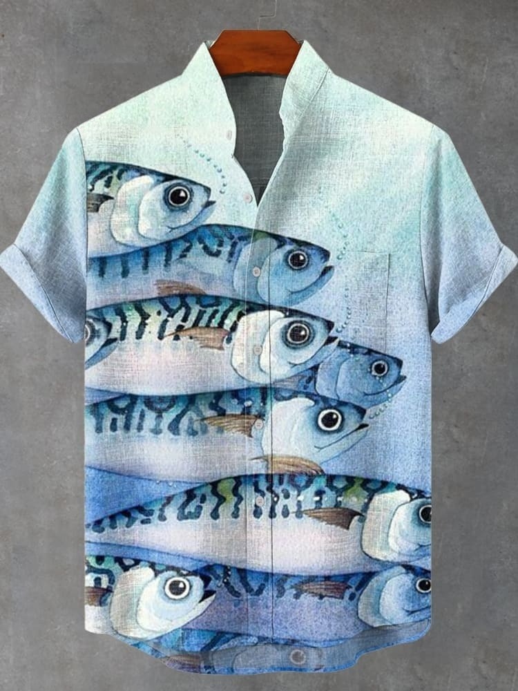 Small Blue Fish Vintage Print Casual Shirt