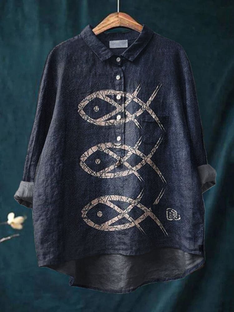 Women's Fish  Art Print Casual Cotton And Linen Shirt