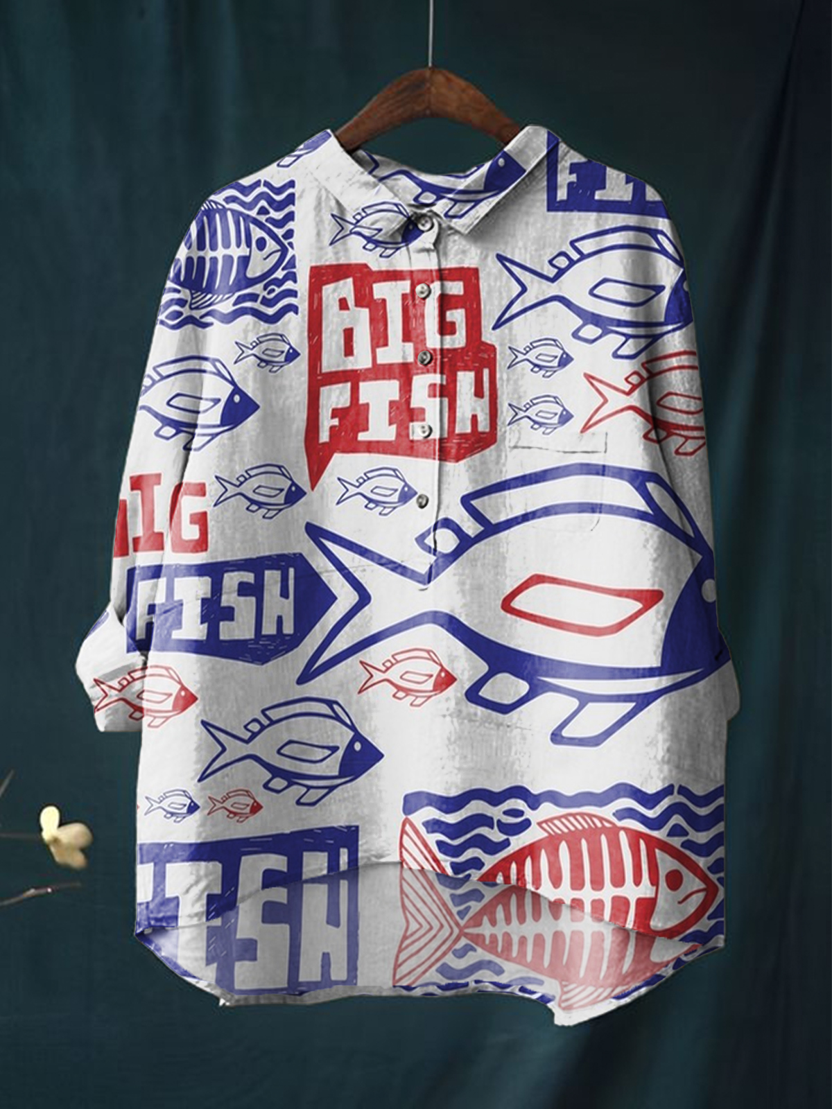 Women's Big Fish Print Casual Cotton And Linen Shirt