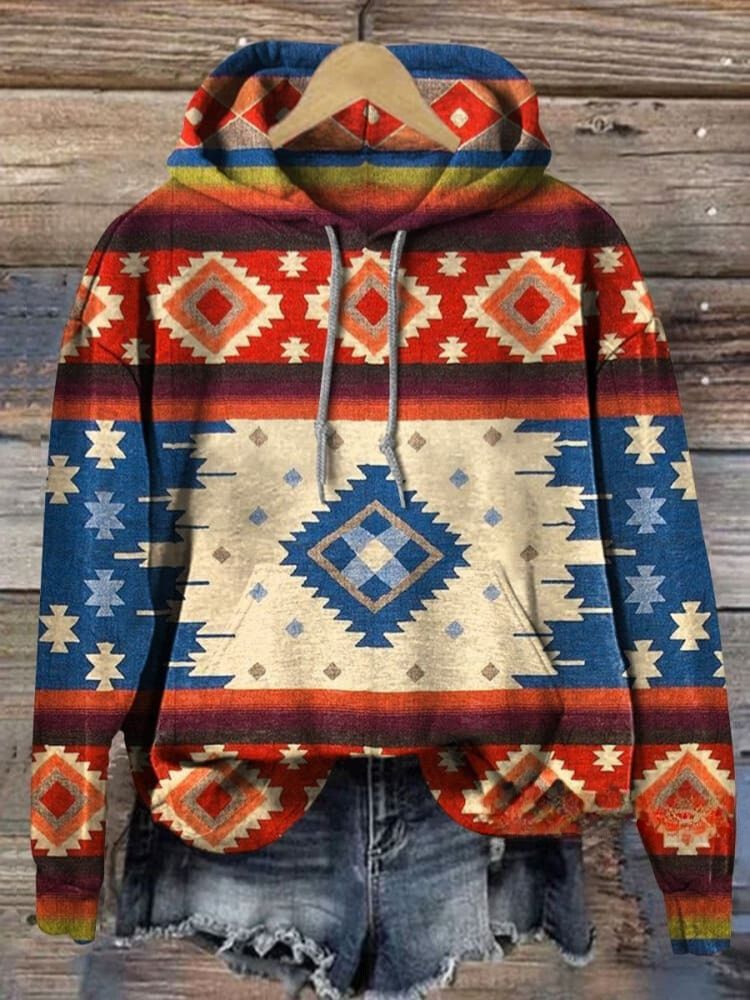Retro Bohemian Plaid Art Print Casual Hoodie