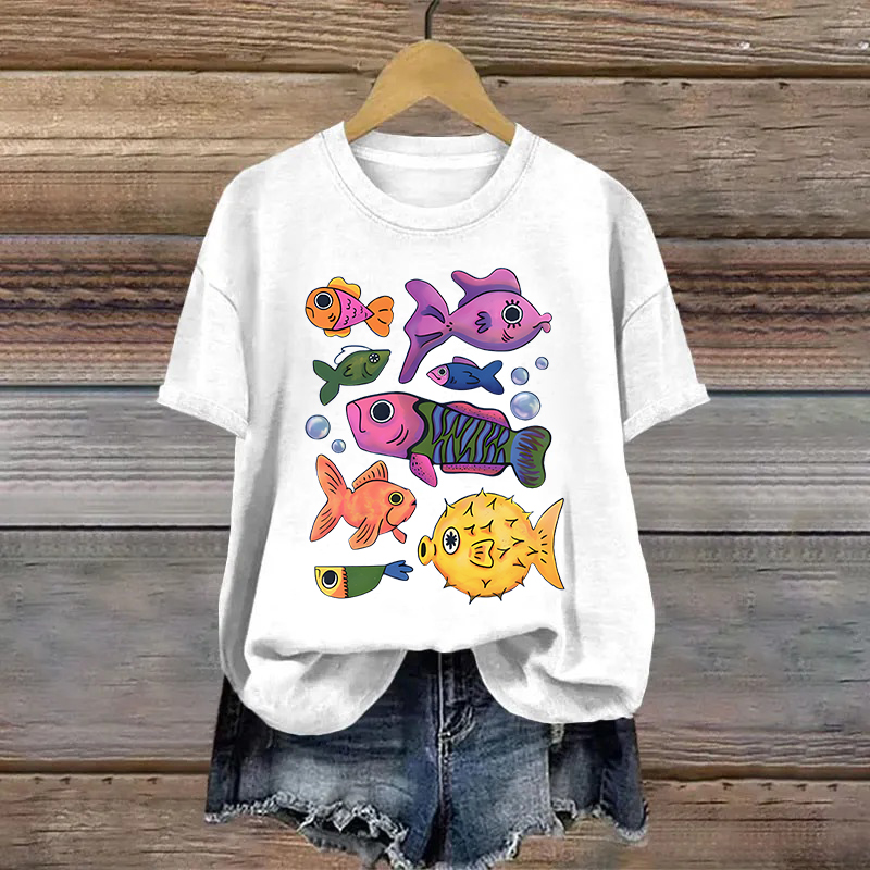 Cotton Colorful Cartoon Fish Printed T-shirt