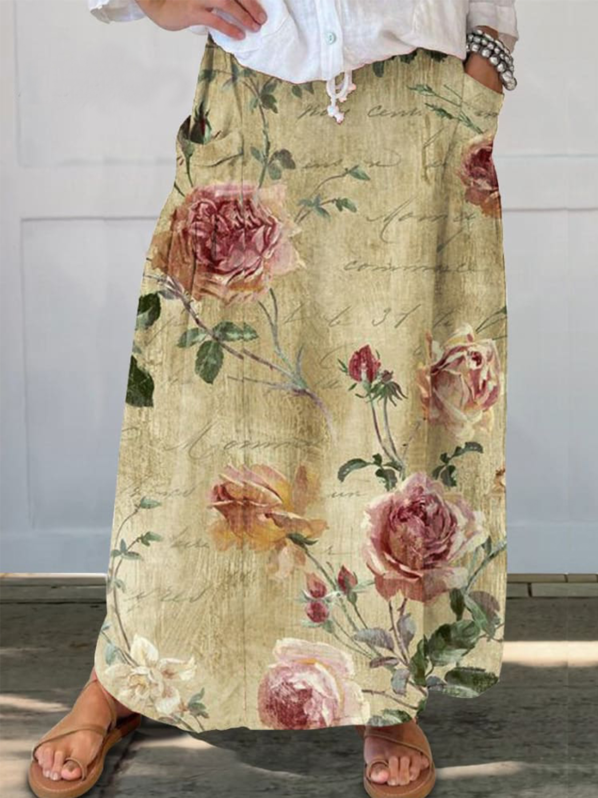 Women's  Flower  Art Print  Linen Pocket Skirt