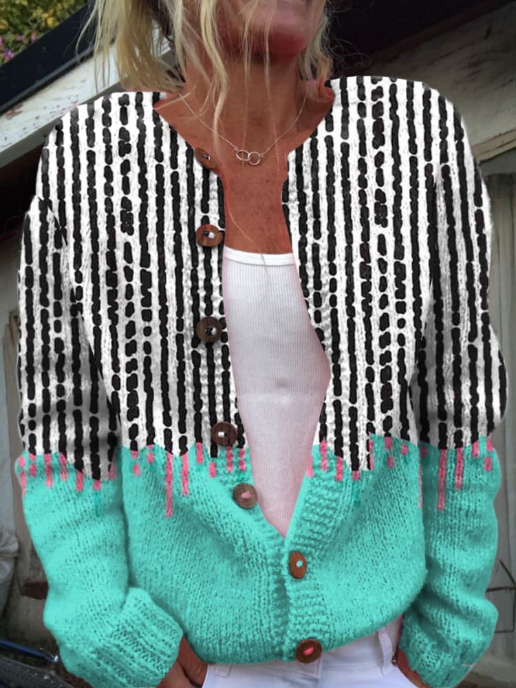 Cyan Color-block Stripes Geometry Print Buttoned Cardigan Sweater