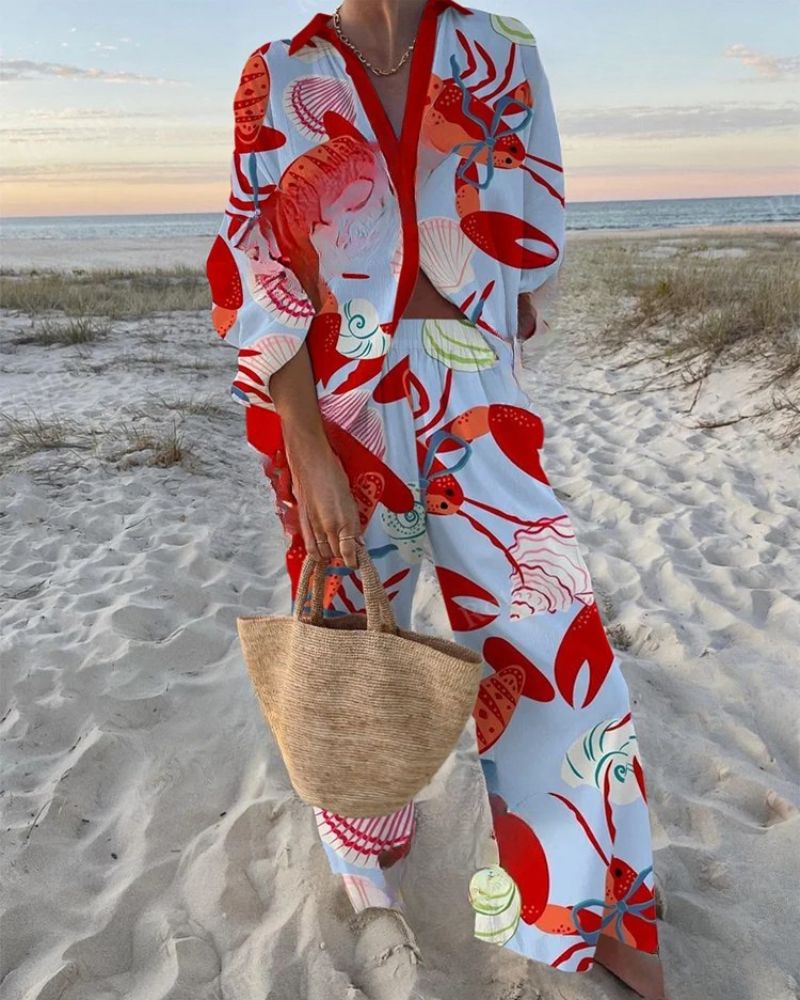 Fun Lobster Print Shirt & Pants Two-Piece Set