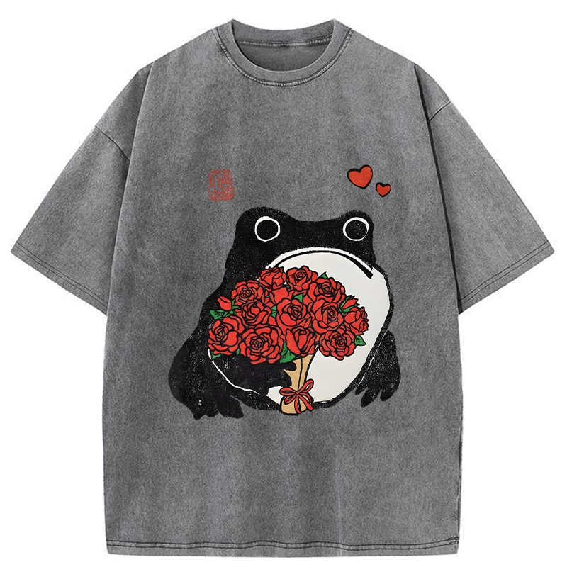 Romantic Frog Holding Roses Washed T-Shirt