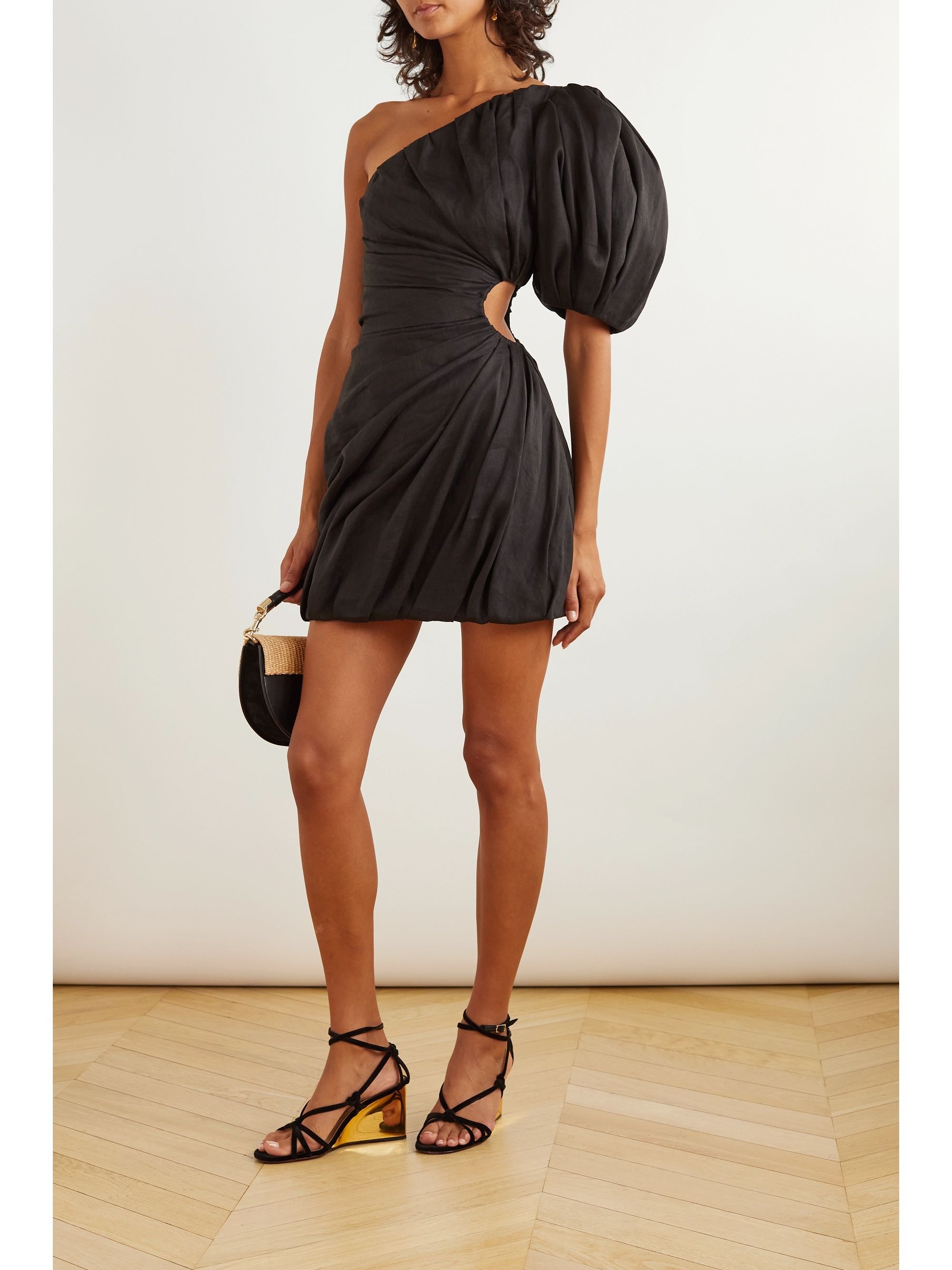 One-shoulder Cutout Gathered Ramie Mini Dress