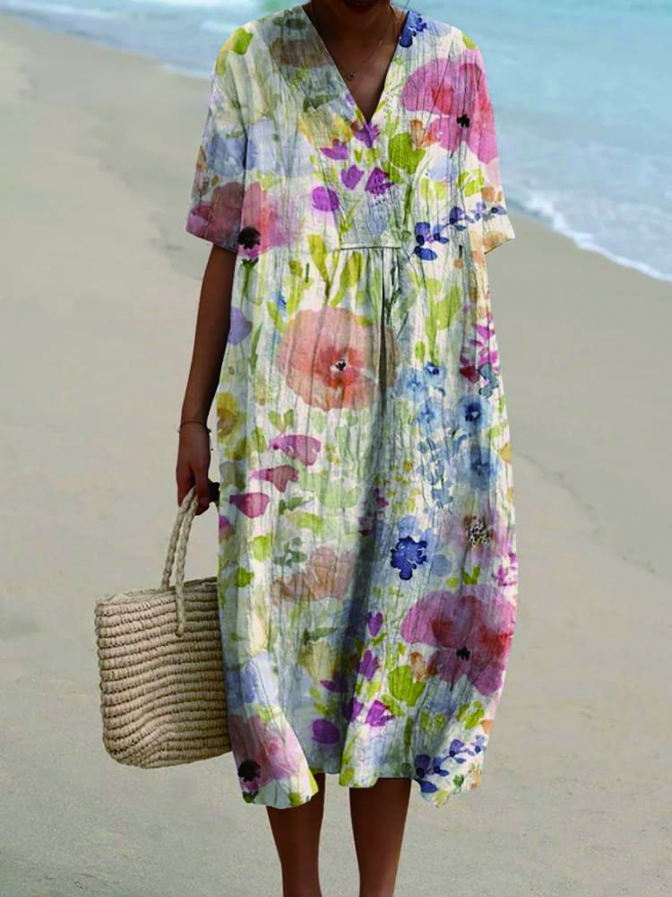 Women's Vintage Floral Watercolor Art Print Casual Flowy Dress