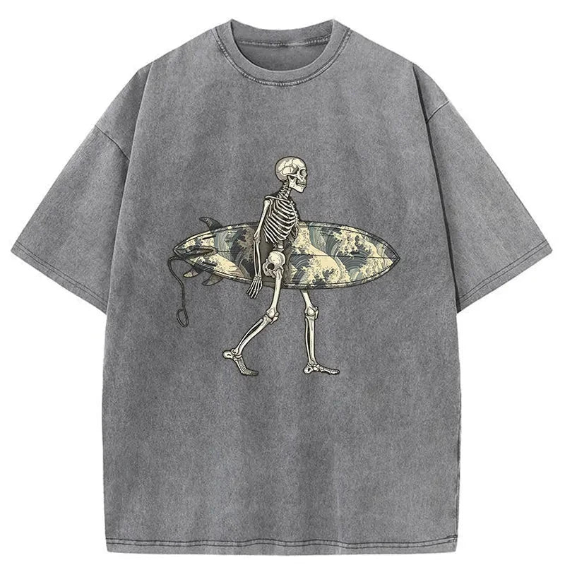   Skeleton Ready To Go Surfing Washed T-Shirt