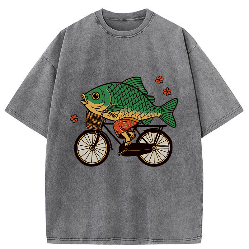 Funny Fish Riding A Bicycle Washed T-Shirt