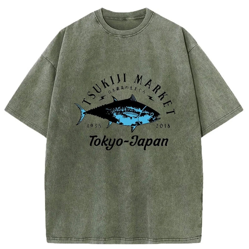 Tsukiji Fish Market Blue Fish Washed T-Shirt