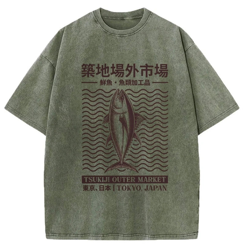 Wave Tokyo Tsukiji Fish Market Japan Washed T-Shirt