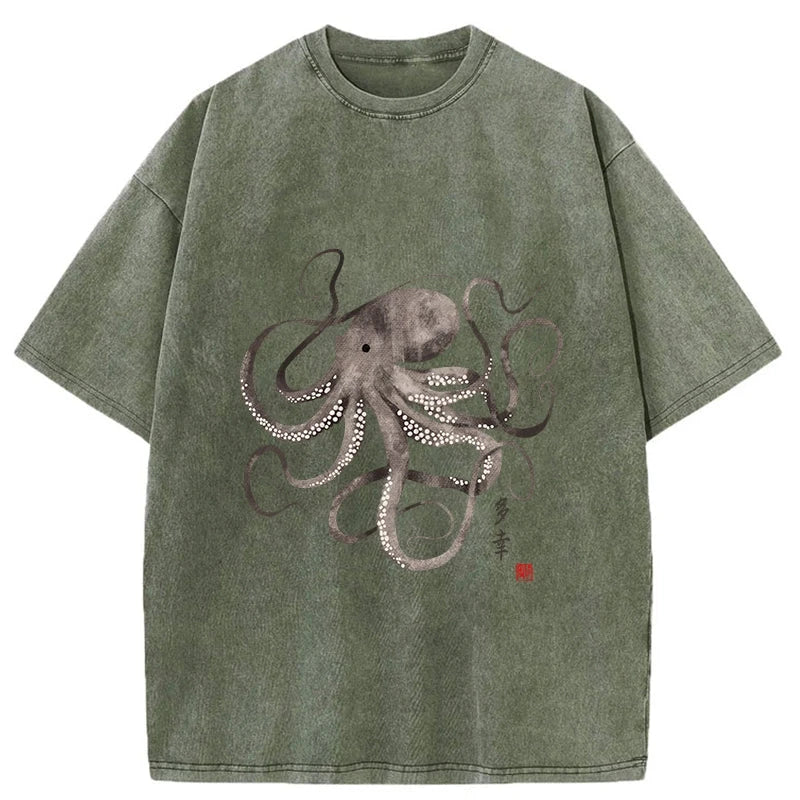 Octopus Japanese Calligraphy Washed T-Shirt
