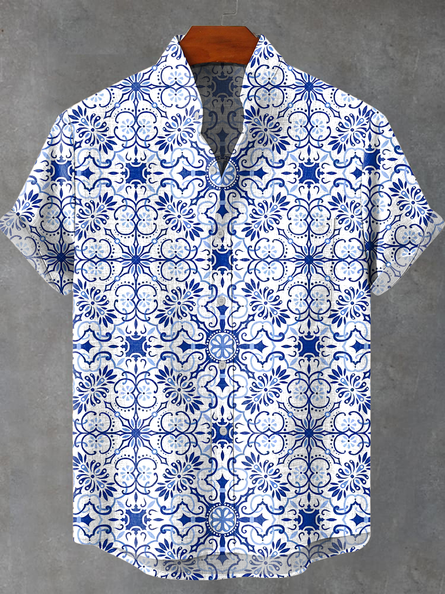 Vintage Blue ethnic continuous pattern Print Casual Shirt
