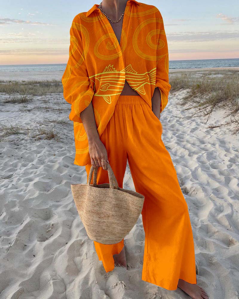 Chic Striped Fish Print Two-Piece Set