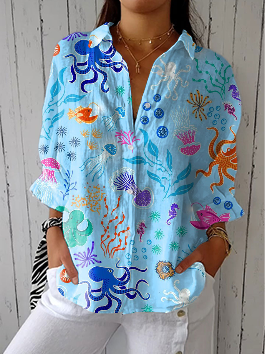 Women's Funny Ocean Octopus Art Print Casual V-neck Shirt