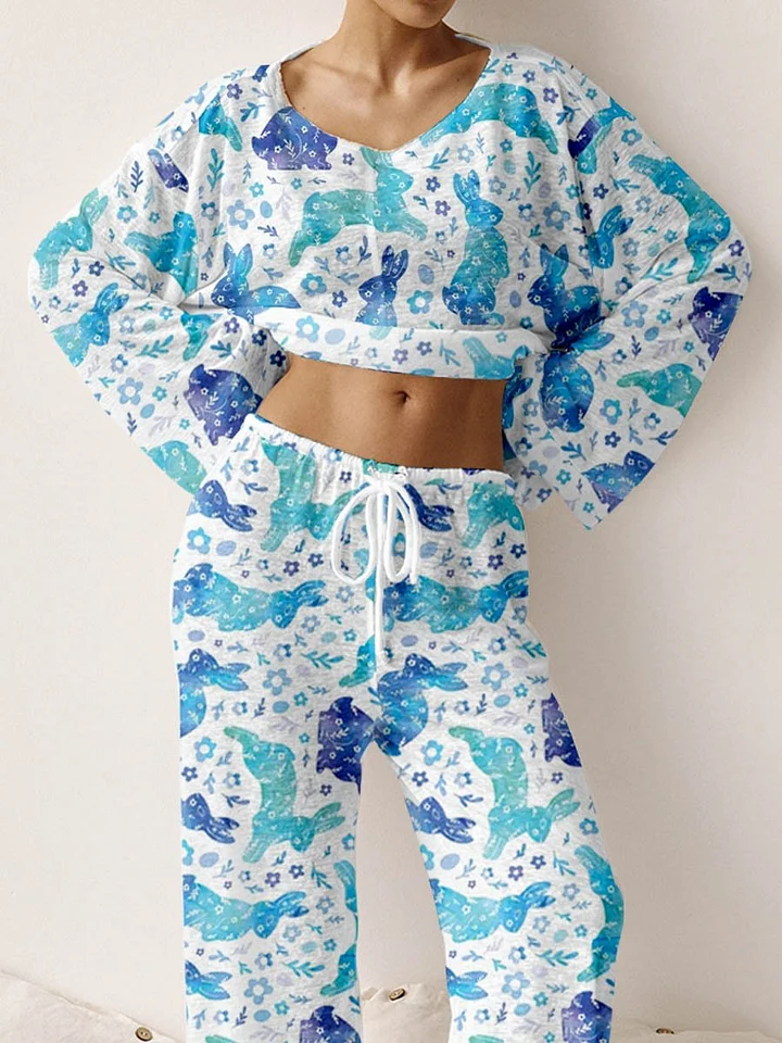 Women's Pastoral Country Style Watercolor Rabbit Pattern Round Neck Long Sleeve Knitted Suit