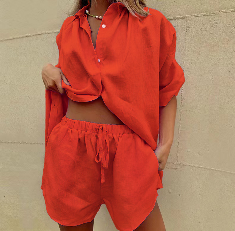 Solid Color Single-Breasted Short-Sleeve Shirt Two-Piece Set: Wide-Leg Pants & Lace-Up Shorts