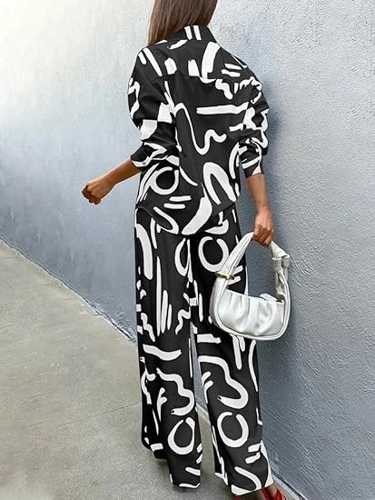 Women’s Black and White Irregular Stripes Two Piece Lounge Set Casual Long Sleeve Shirts and Wide Leg Pants