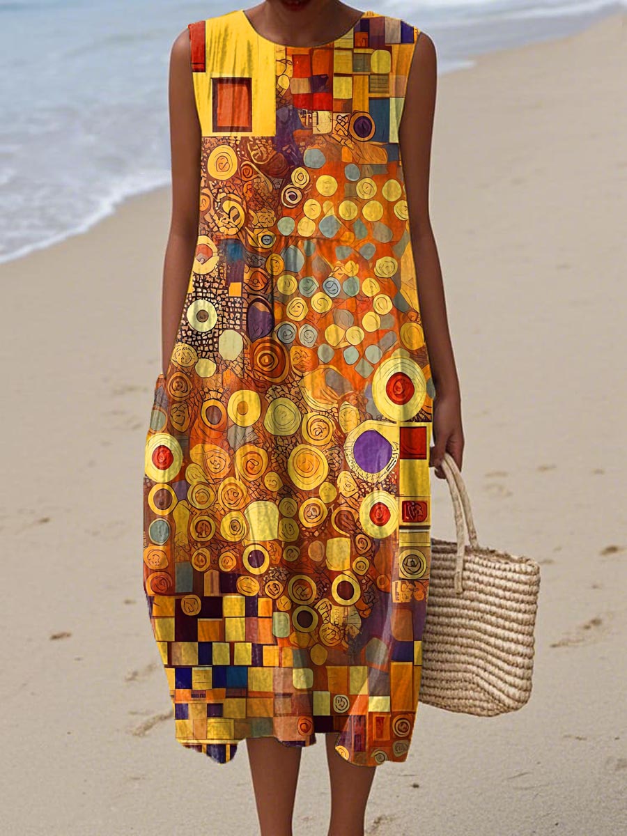Women's Abstract Geometric Pattern Art Print Sleeveless Cotton Pocket Wrap Dress