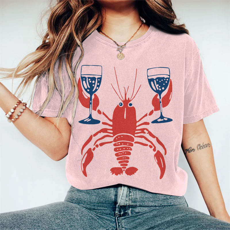 100% Cotton Women's Lobster Holding Wine Glass Art Print Casual T-shirt