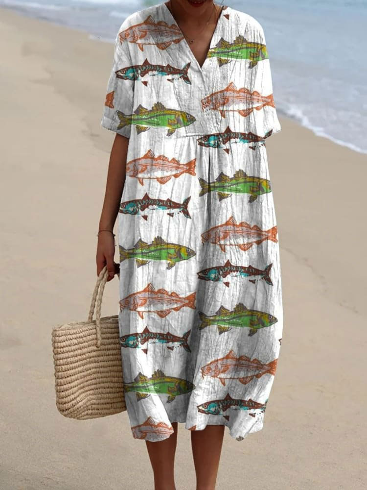 Women's Vintage Lovely Fish Art Print Flowy Dress