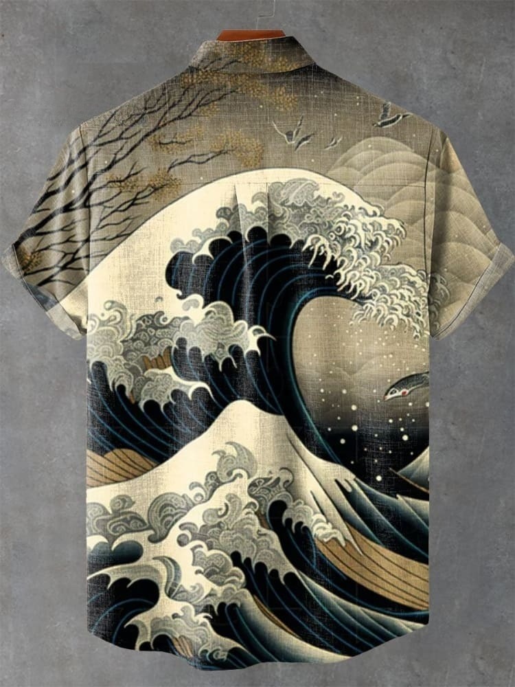 Vintage Japan Ukiyo-e Waves Art Print Casual Shirt