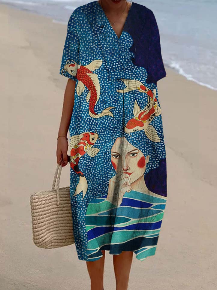 Women's Retro Colorblock Girls Fish Print Casual Cotton And Linen Dress