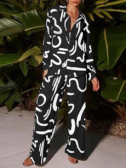 Women’s Black and White Irregular Stripes Two Piece Lounge Set Casual Long Sleeve Shirts and Wide Leg Pants