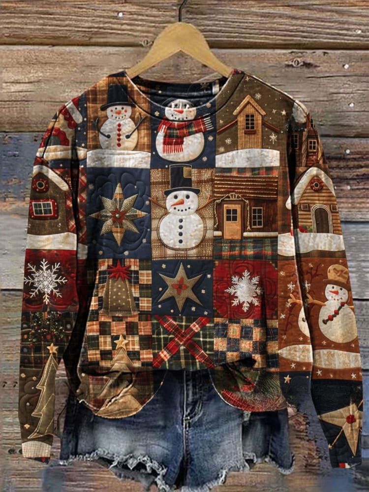 Retro Christmas Patchwork Art Prrint Casual  Sweatshirt