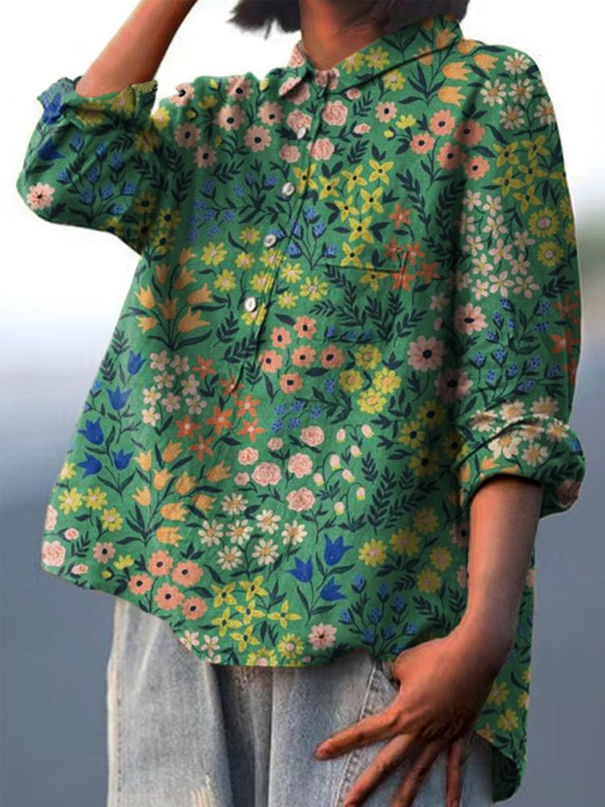 Vintage Lovely Floral Art Print Casual Cotton And Linen Shirt