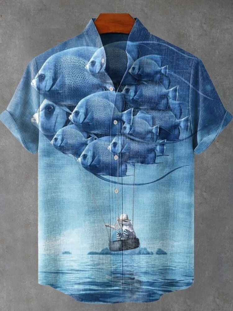 A School of Flying Blue Dreamy Fish Vintage Print Casual 100% Cotton Shirt